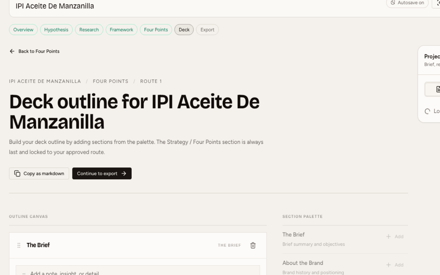 Deck outline workspace with editable narrative structure