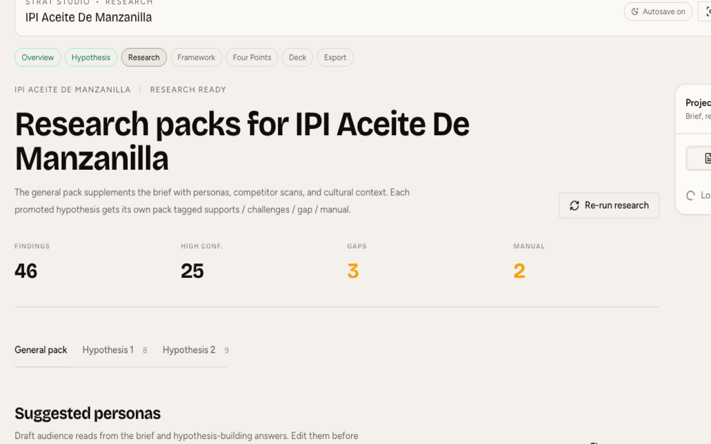 Research packs with confidence badges